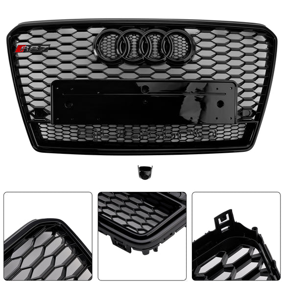2010-2015  Audi A7/ A7 Sline/ S7 RS7 Style Grill Front Bumper Honeycomb Mesh Sport Black Grille W/ Ring Emblem + Quattro