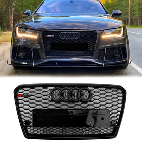 2010-2015  Audi A7/ A7 Sline/ S7 RS7 Style Grill Front Bumper Honeycomb Mesh Sport Black Grille W/ Ring Emblem + Quattro