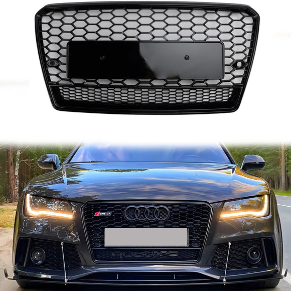 2010-2015 Audi A7/A7 Sline/S7 RS7 Stijl Grill Voorbumper Honingraat Mesh Sport Zwart Grille W/Ring Emblem + Quattro