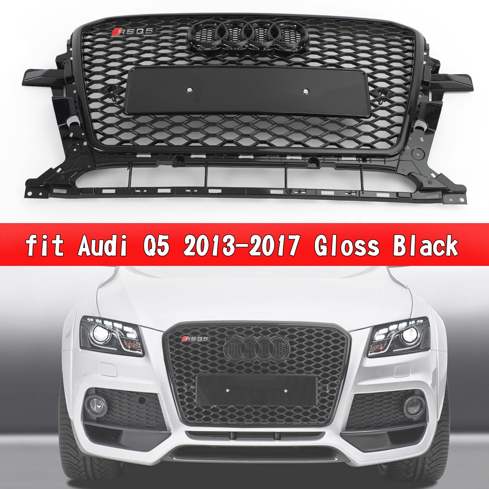 Reemplazo de parrilla hexagonal deportiva de malla de panal estilo RSQ5 en color negro brillante para Audi 2013-2017 Q5 SQ5