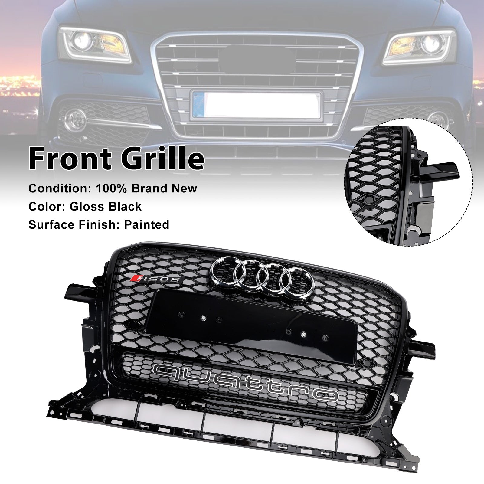 Audi Q5 SQ5 2013-2017 Parrilla de parachoques delantero de panal estilo RSQ5 negro brillante