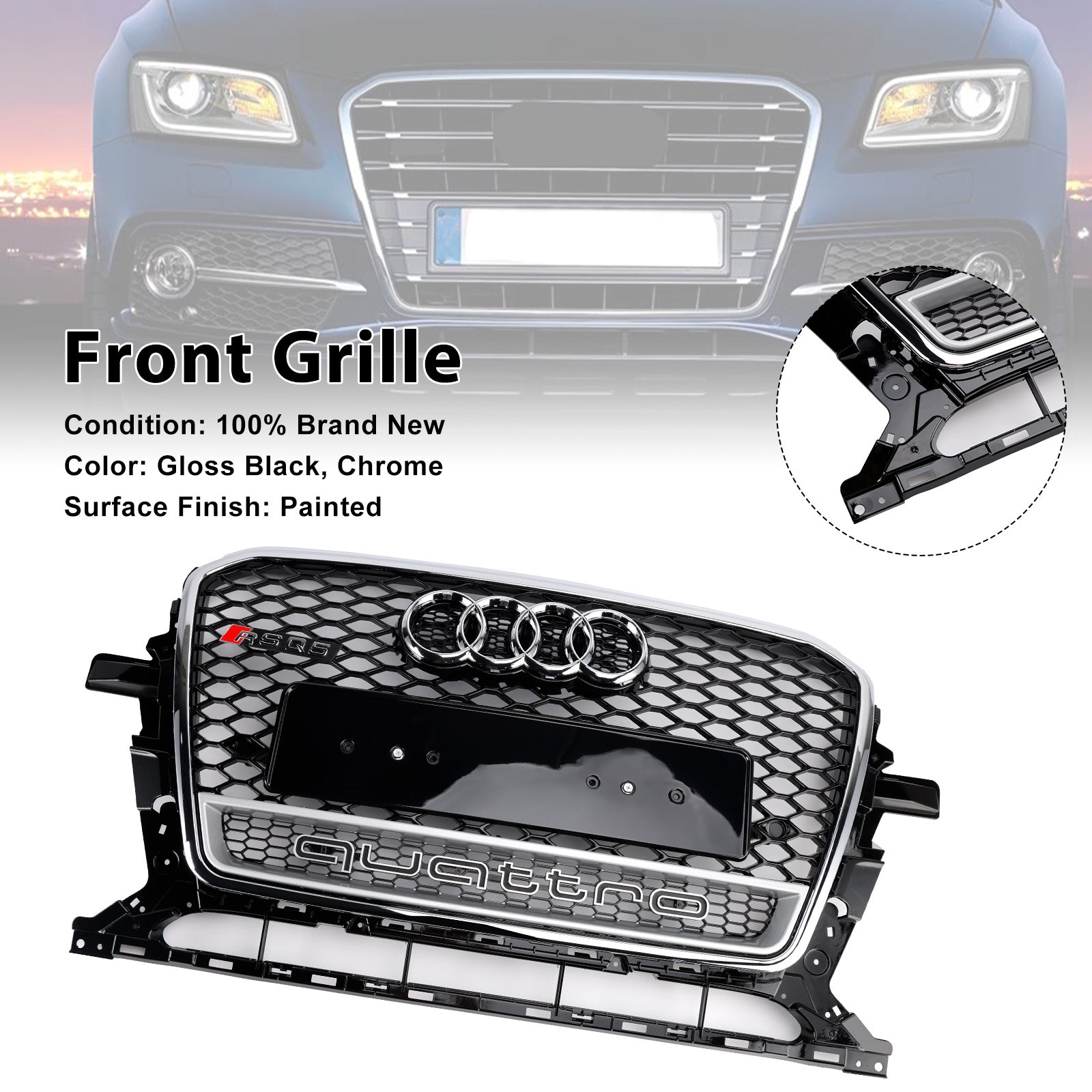 2013-2017 Audi Q5 SQ5 Chrome/Black Front Grille RS Quattro Styel Honeycomb Front Bumper Grille