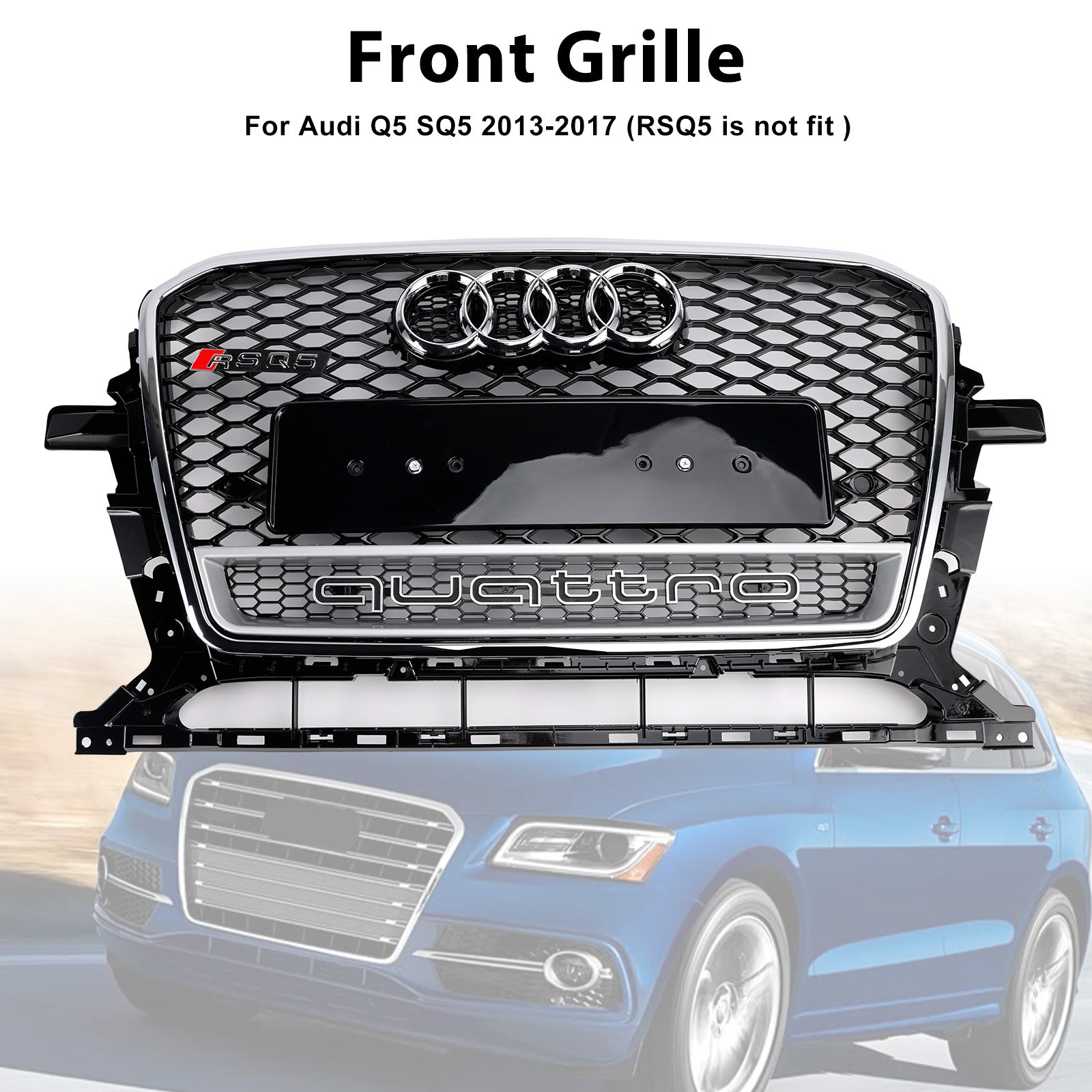 2013-2017 Audi Q5 SQ5 Chrome/Black Front Grille RS Quattro Styel Honeycomb Front Bumper Grille
