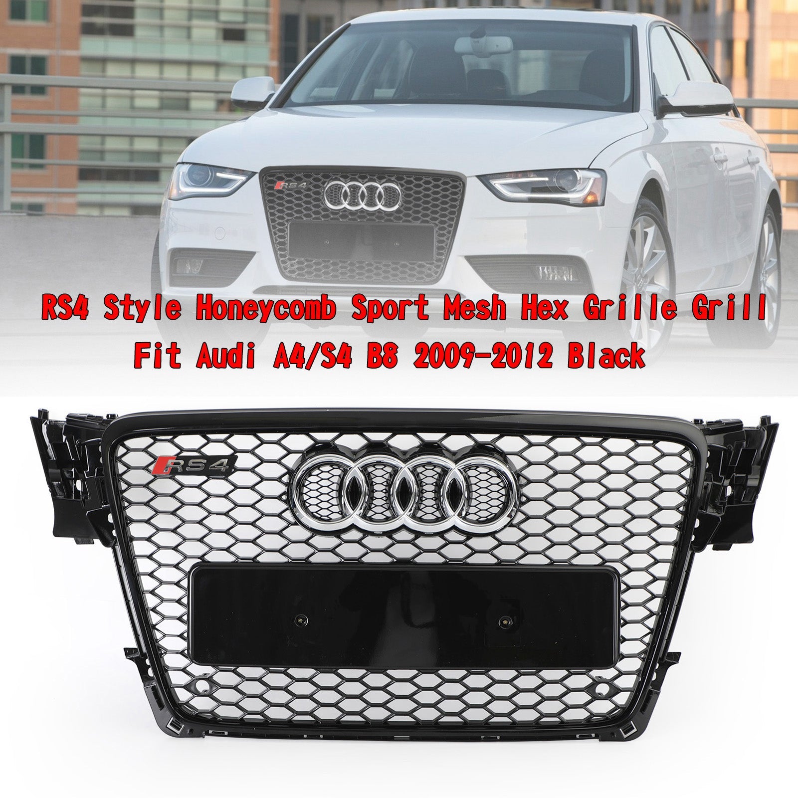 Audi 2008-2012 A4/S4 B8 Grill Replacement RS4 Style Honeycomb Sport Mesh Hex Grille Black