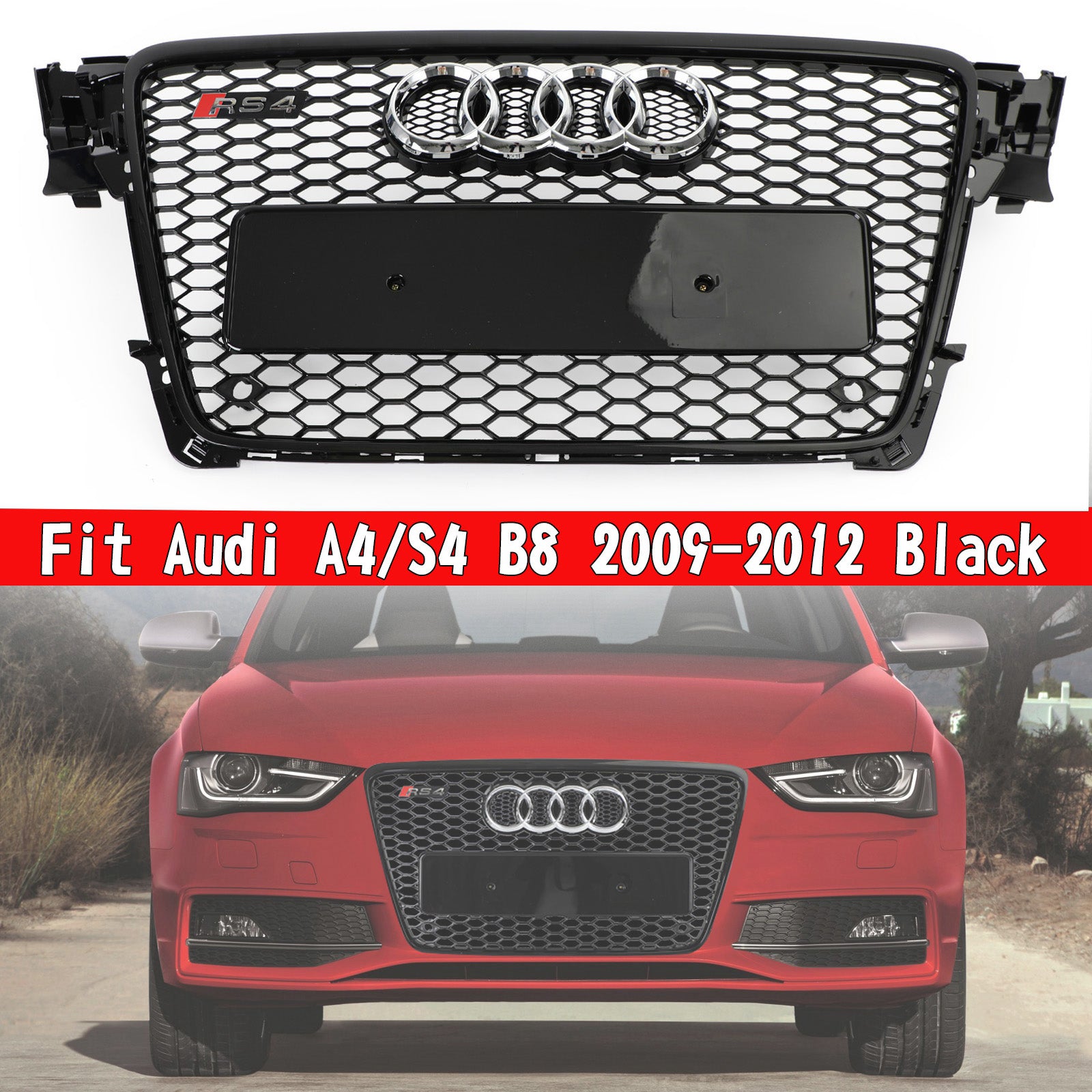 Audi 2008-2012 A4/S4 B8 Calandre de remplacement RS4 Style nid d'abeille sport maille hexagonale Grille noire