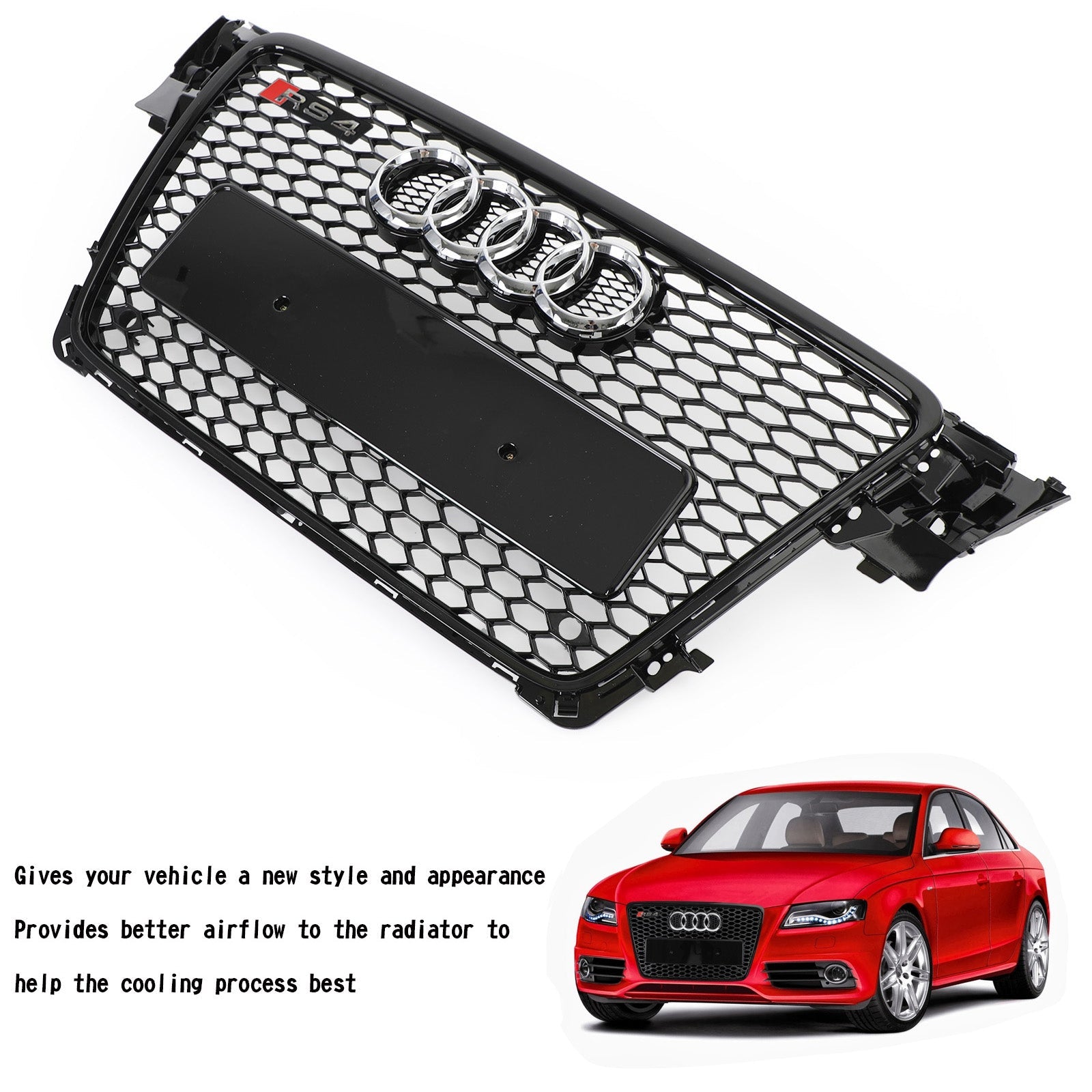 Reemplazo de parrilla delantera para Audi 2008-2012 A4/S4 B8, estilo RS4, rejilla deportiva de malla hexagonal en color negro