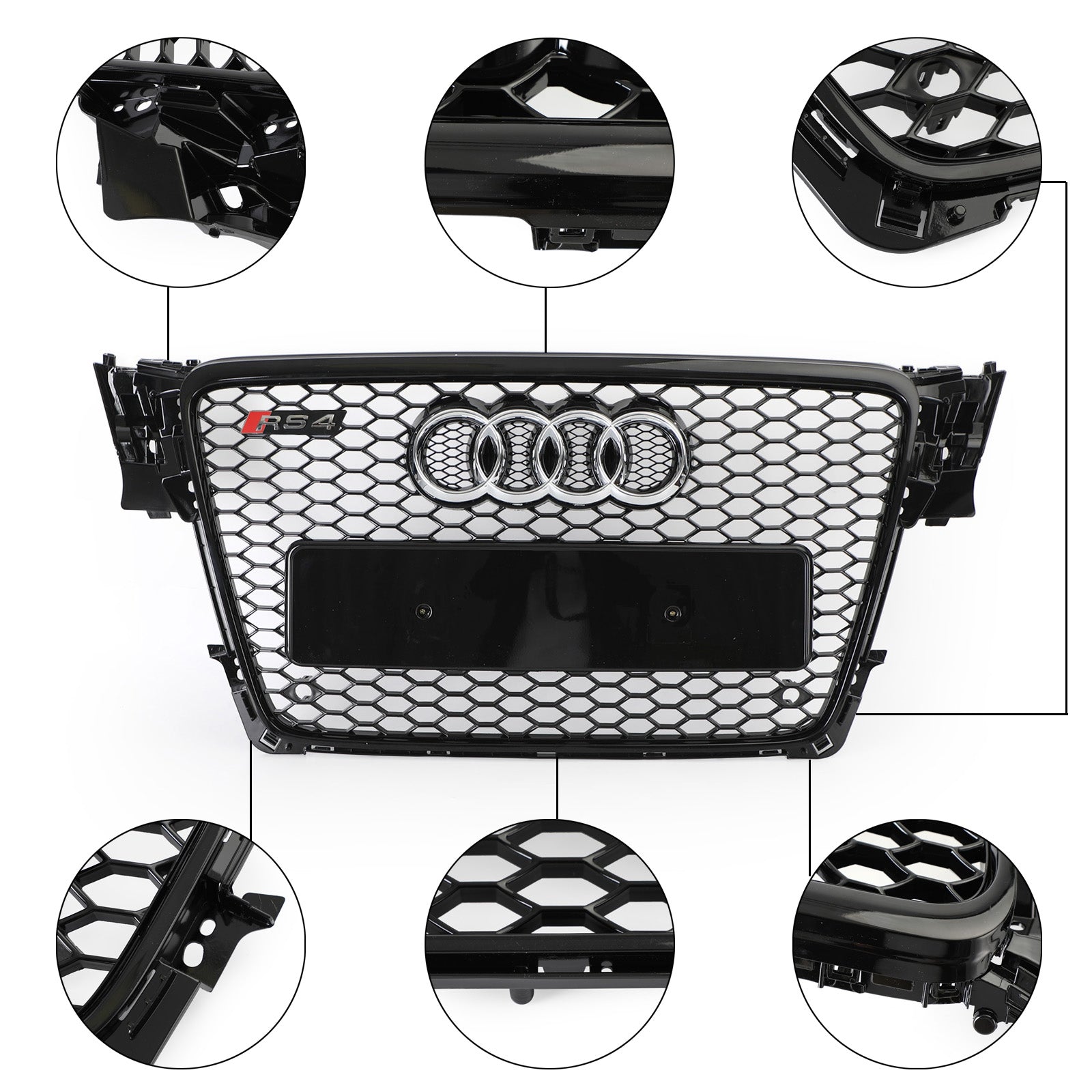 Audi A4/ A4 Sline/ S4 B8 RS4 Honeycomb Style Grill 2008-2012 Sport Mesh Front Grille Glossy Black W/ Silver Ring Emblem