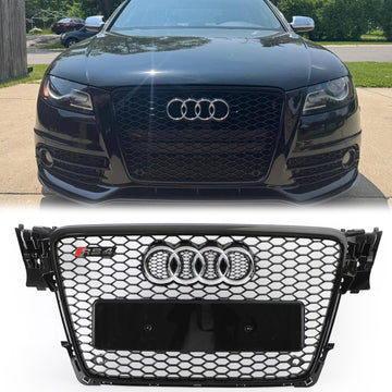 Audi A4/A4 Sline/S4 B8 RS4 Honeycomb Style Grill 2008-2012 Sport Mesh Grade dianteira preta brilhante com emblema de anel de prata