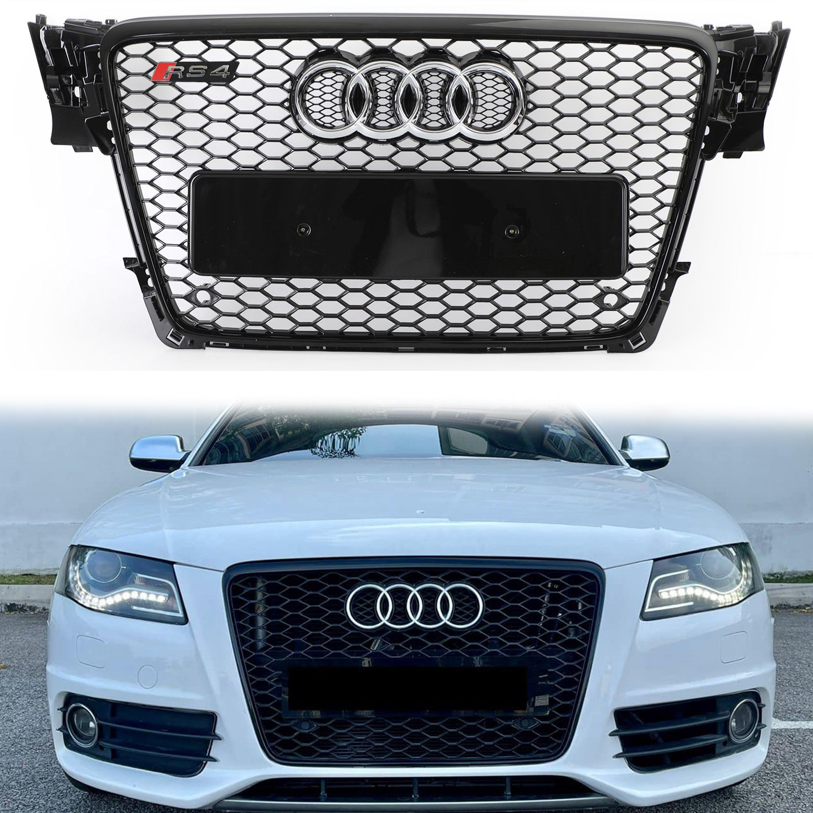 Audi 2008-2012 A4/S4 B8 Grill Replacement RS4 Style Honeycomb Sport Mesh Hex Grille Black