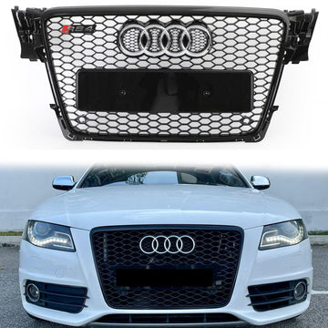 Audi A4/A4 Sline/S4 B8 RS4 Honeycomb Style Grill 2008-2012 Sport Mesh Grade dianteira preta brilhante com emblema de anel de prata - 0