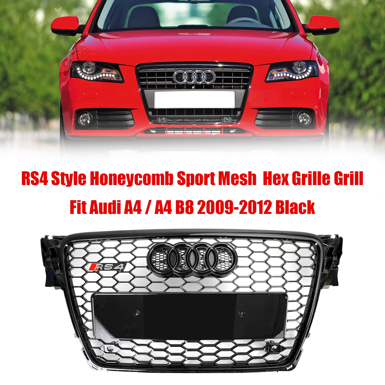 Parrilla deportiva de malla hexagonal estilo panal de abeja de Audi A4 / A4 Avant / S4 B8 RS4 2008-2012, color negro brillante