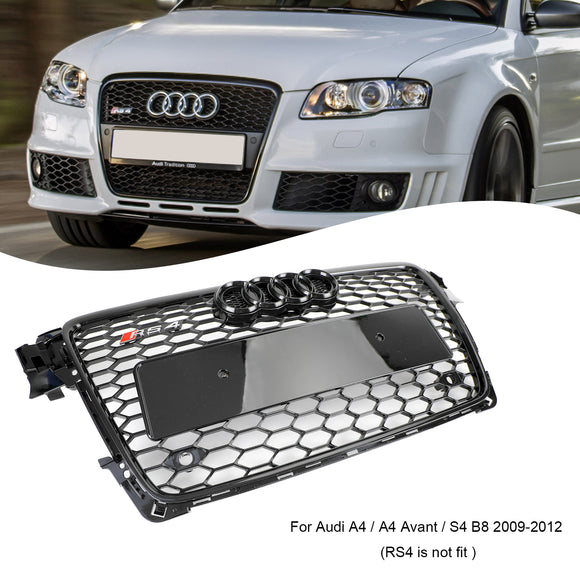 2008-2012 Audi A4 / A4 Avant B8 RS4 Style Honeycomb Mesh Hex Grill Gloss Black Grille + Fog Light Grille
