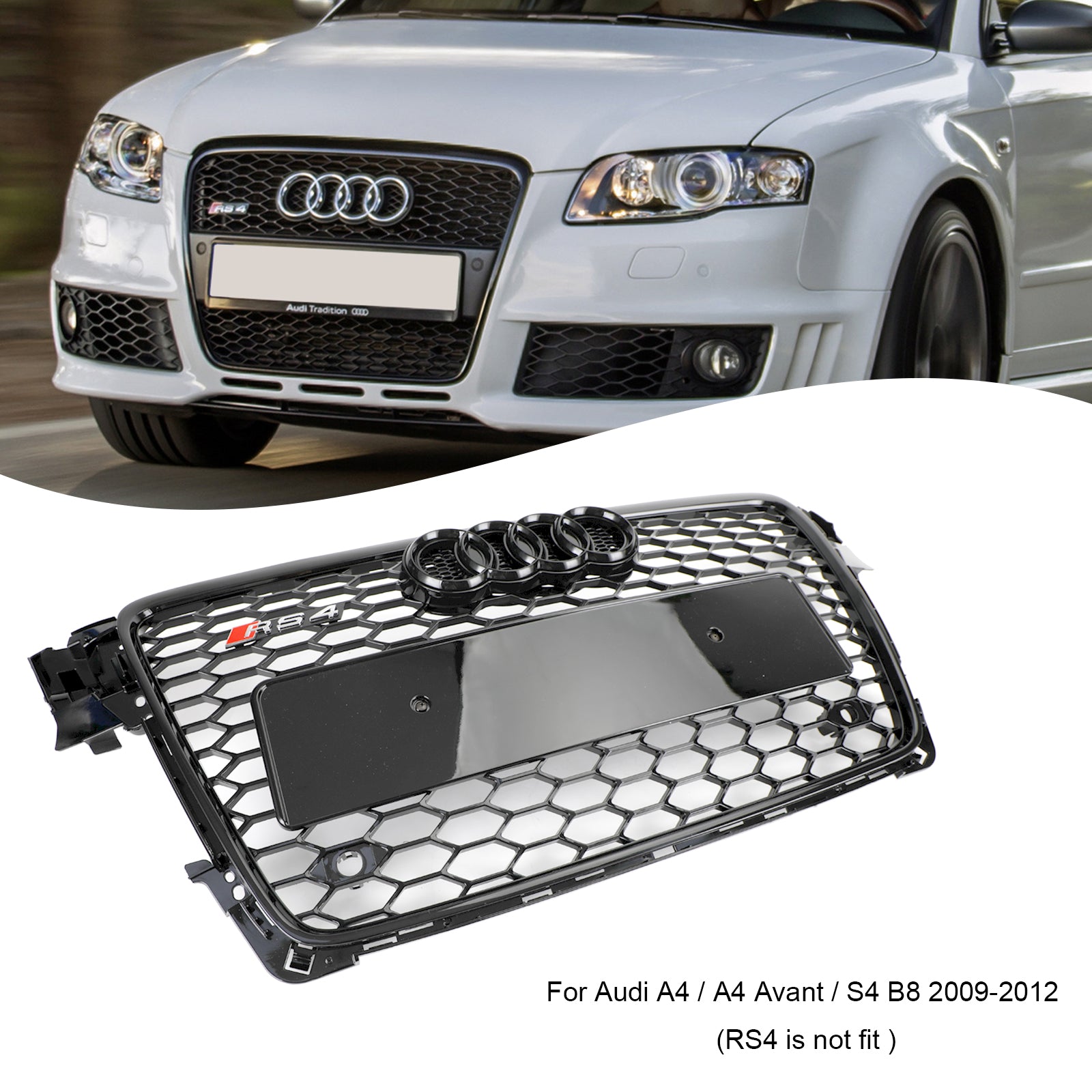 Reemplazo de parrilla delantera para Audi 2008-2012 A4/S4 B8, estilo RS4, rejilla deportiva de malla hexagonal en color negro