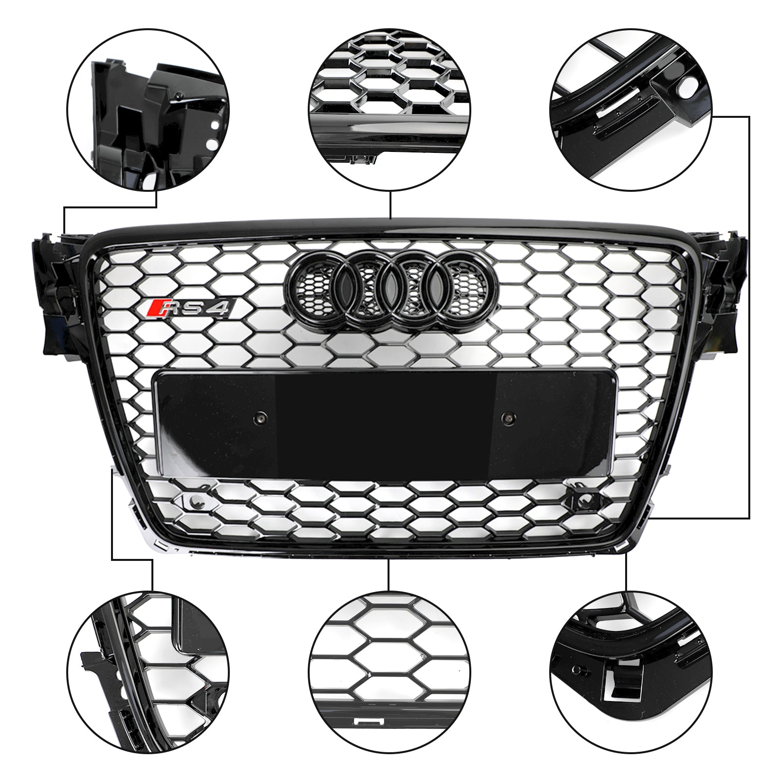 Parrilla deportiva de malla hexagonal estilo panal de abeja de Audi A4 / A4 Avant / S4 B8 RS4 2008-2012, color negro brillante