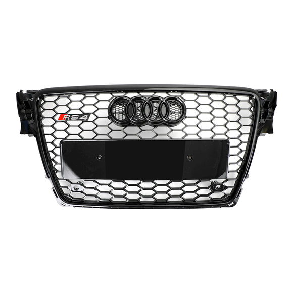 2008-2012 Audi A4 / A4 Avant B8 RS4 Style Honeycomb Mesh Hex Grill Gloss Black Grille + Fog Light Grille