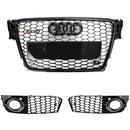 2008-2012 Audi A4 / A4 Avant B8 RS4 Style Honeycomb Mesh Hex Grill Gloss Black Grille + Fog Light Grille-1