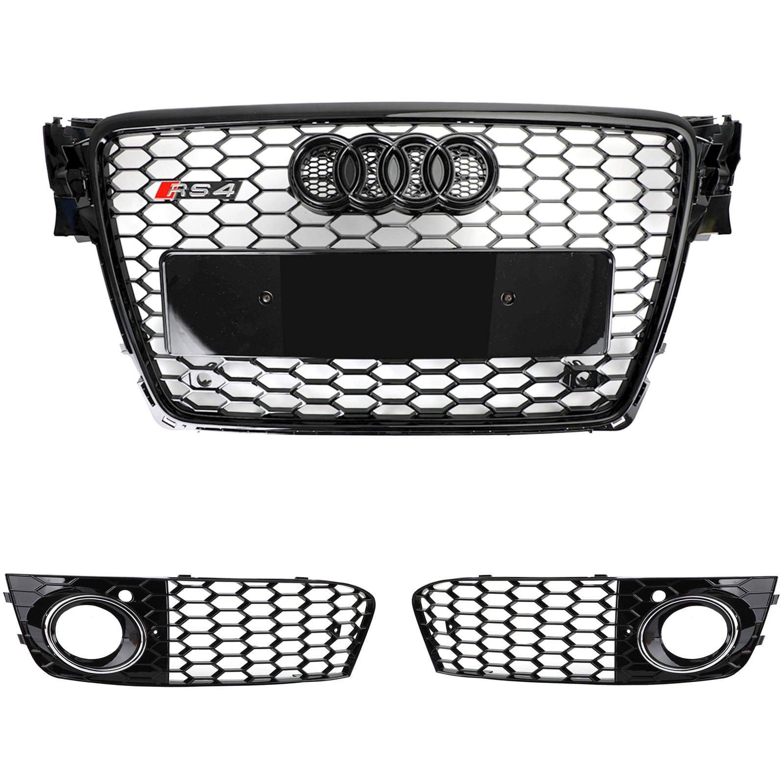 Grille hexagonale en nid d'abeille de style Audi A4 / A4 Avant B8 RS4 2008-2012 Grille noire brillante + Grille de phare antibrouillard