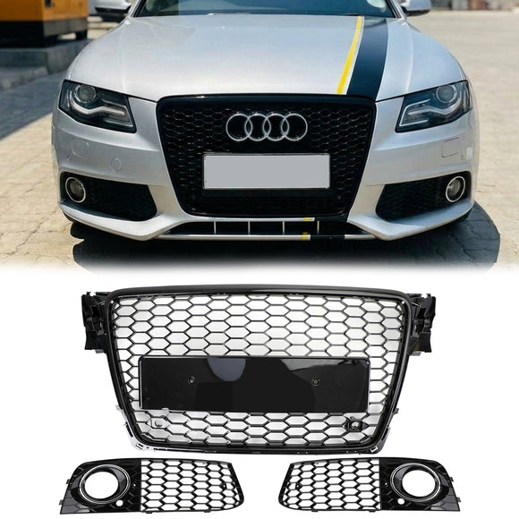 2008-2012 Audi A4/A4 Avant B8 RS4 Stile Maglia a nido d'ape Griglia esagonale Griglia nera lucida + Griglia fendinebbia