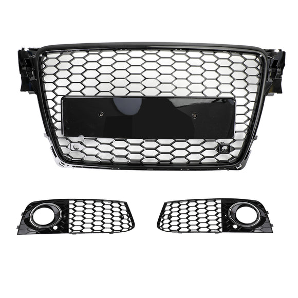 2008-2012 Audi A4/A4 Avant B8 RS4 Stile Maglia a nido d'ape Griglia esagonale Griglia nera lucida + Griglia fendinebbia