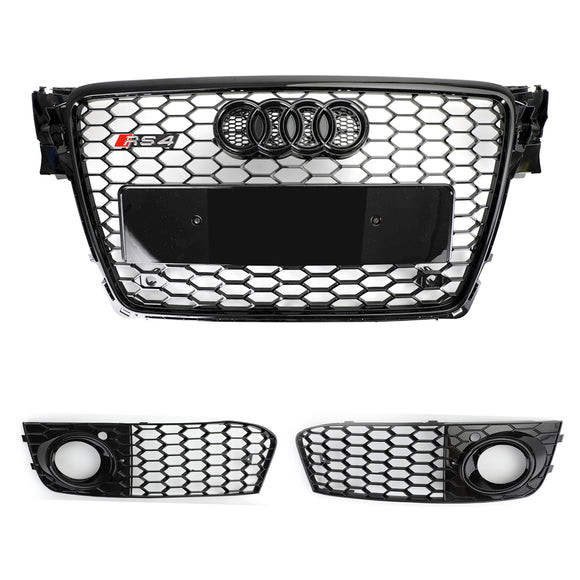 2008-2012 Audi A4 / A4 Avant B8 RS4 Style Honeycomb Mesh Hex Grill Gloss Black Grille + Fog Light Grille