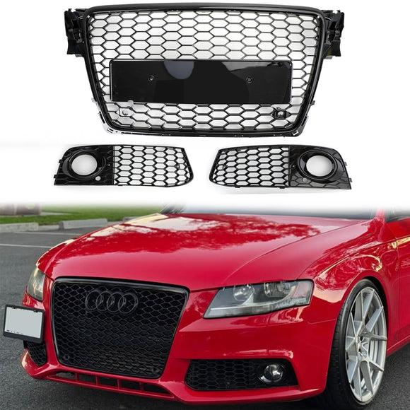 2008-2012 Audi A4/A4 Avant B8 RS4 Stile Maglia a nido d'ape Griglia esagonale Griglia nera lucida + Griglia fendinebbia