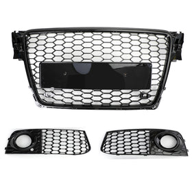 2008-2012 Audi A4 / A4 Avant B8 RS4 Style Honeycomb Mesh Hex Grill Gloss Black Grille + Fog Light Grille