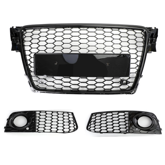 2008-2012 Audi A4/A4 Avant B8 RS4 Stile Maglia a nido d'ape Griglia esagonale Griglia nera lucida + Griglia fendinebbia