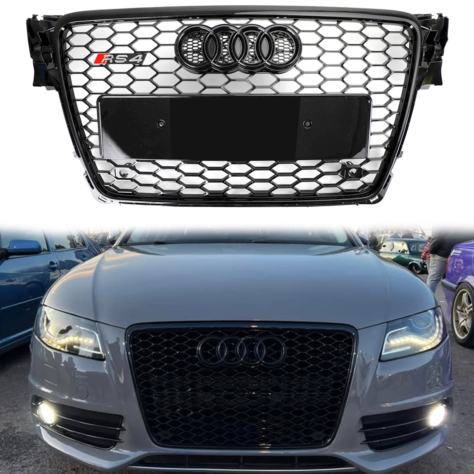 2008-2012 Audi A4 / A4 Avant / S4 B8 RS4 Style Honeycomb Sport Mesh Hex Grill Gloss Black Grille - 0