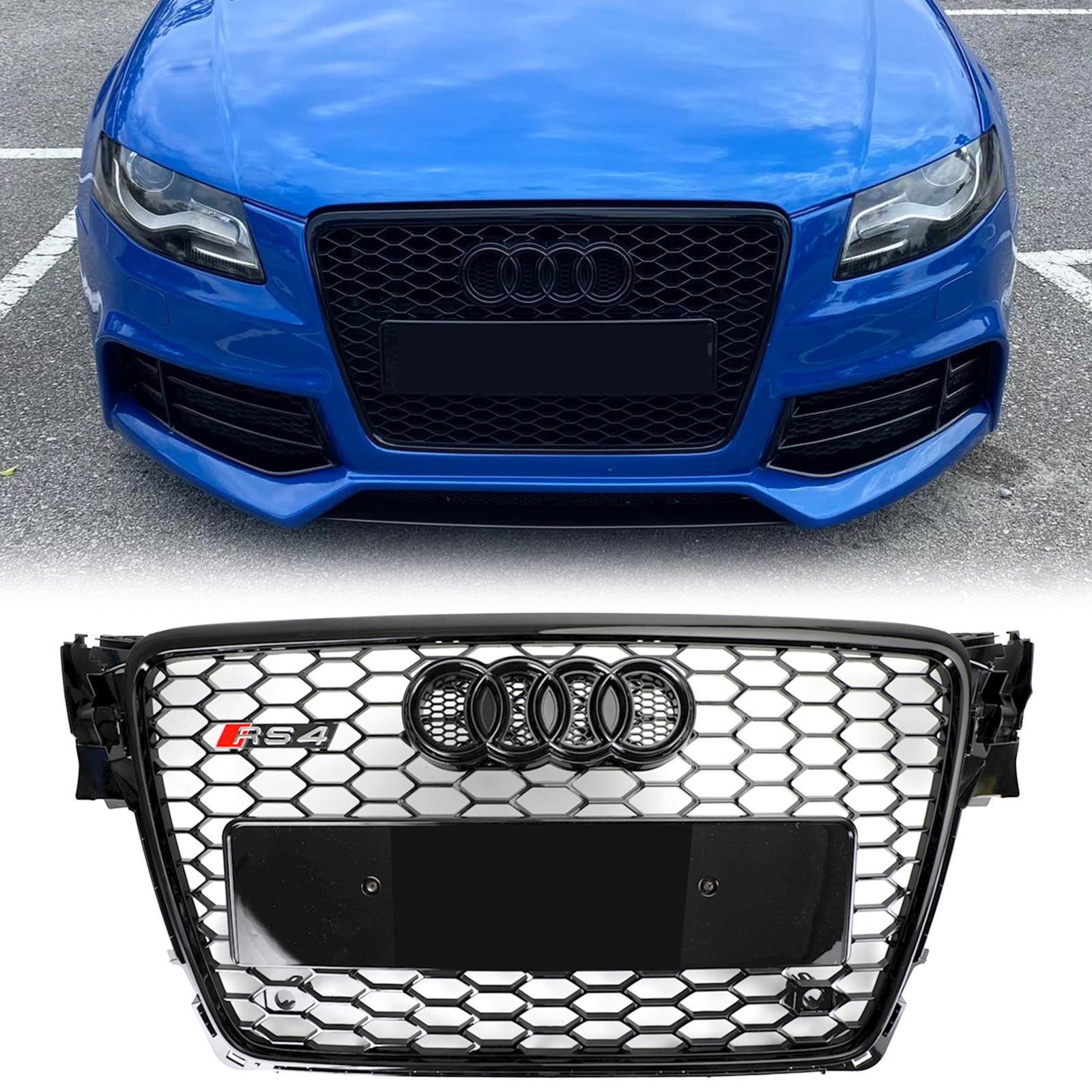 Audi 2008-2012 A4/S4 B8 Grill Replacement RS4 Style Honeycomb Sport Mesh Hex Grille Black