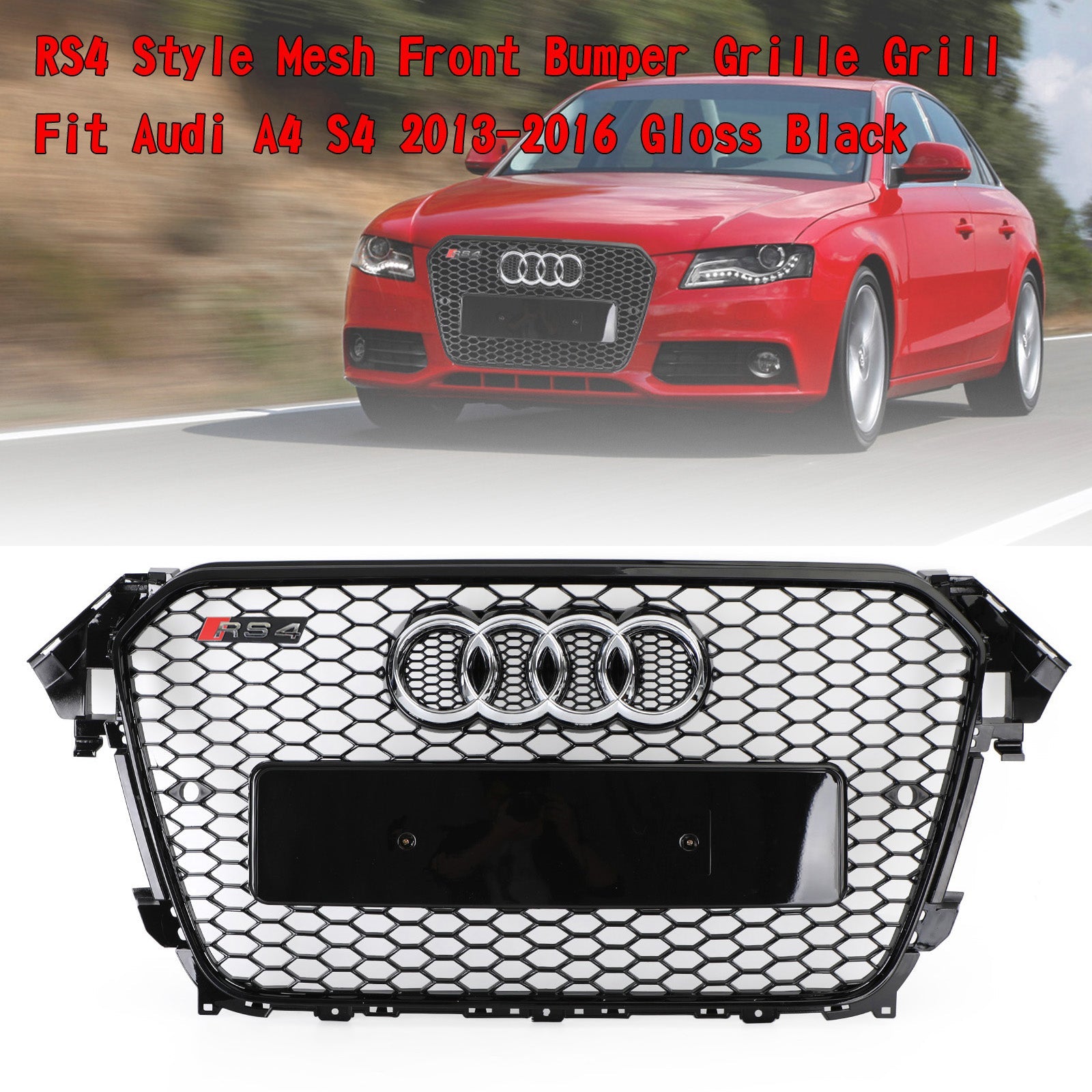 Audi B8.5 A4 / A4 Sline / S4 Front Grill 2013-2016 RS4 Honeycomb Mesh Hex Black Grille W/ Silver Ring Emblem