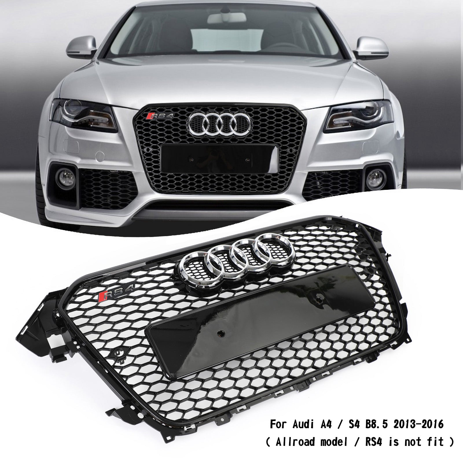 Audi A4 / A4 Sline / S4 B8.5 2013 2014 2015 2016 RS4 Style Gloss Black Grill Honeycome Mesh Sport Hex Front Grille W/ Emblem