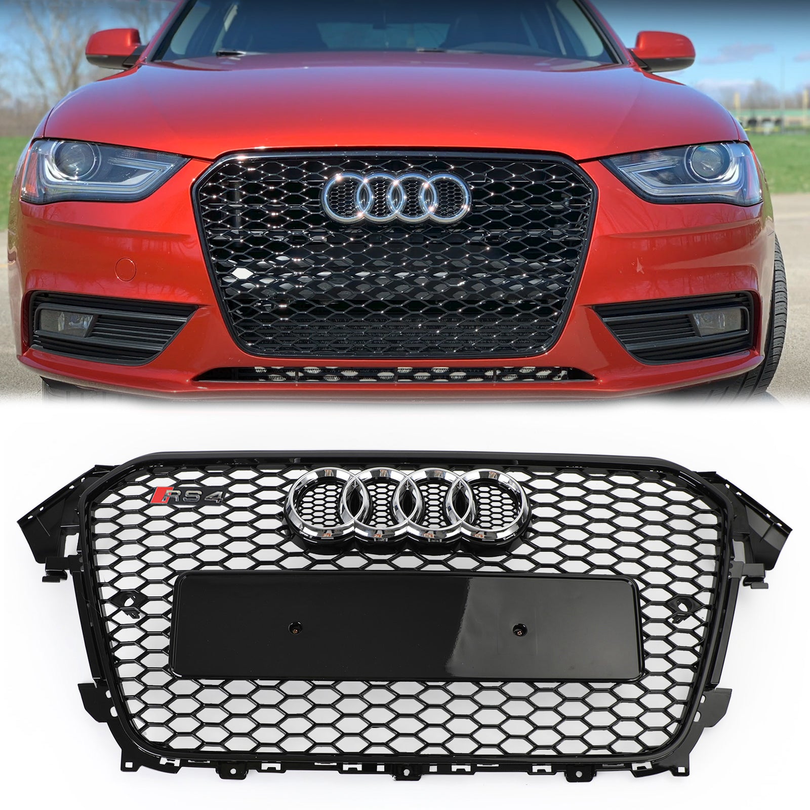 Audi A4 / A4 Sline / S4 B8.5 2013 2014 2015 2016 RS4 Style Gloss Black Grill Honeycome Mesh Sport Hex Front Grille W/ Emblem