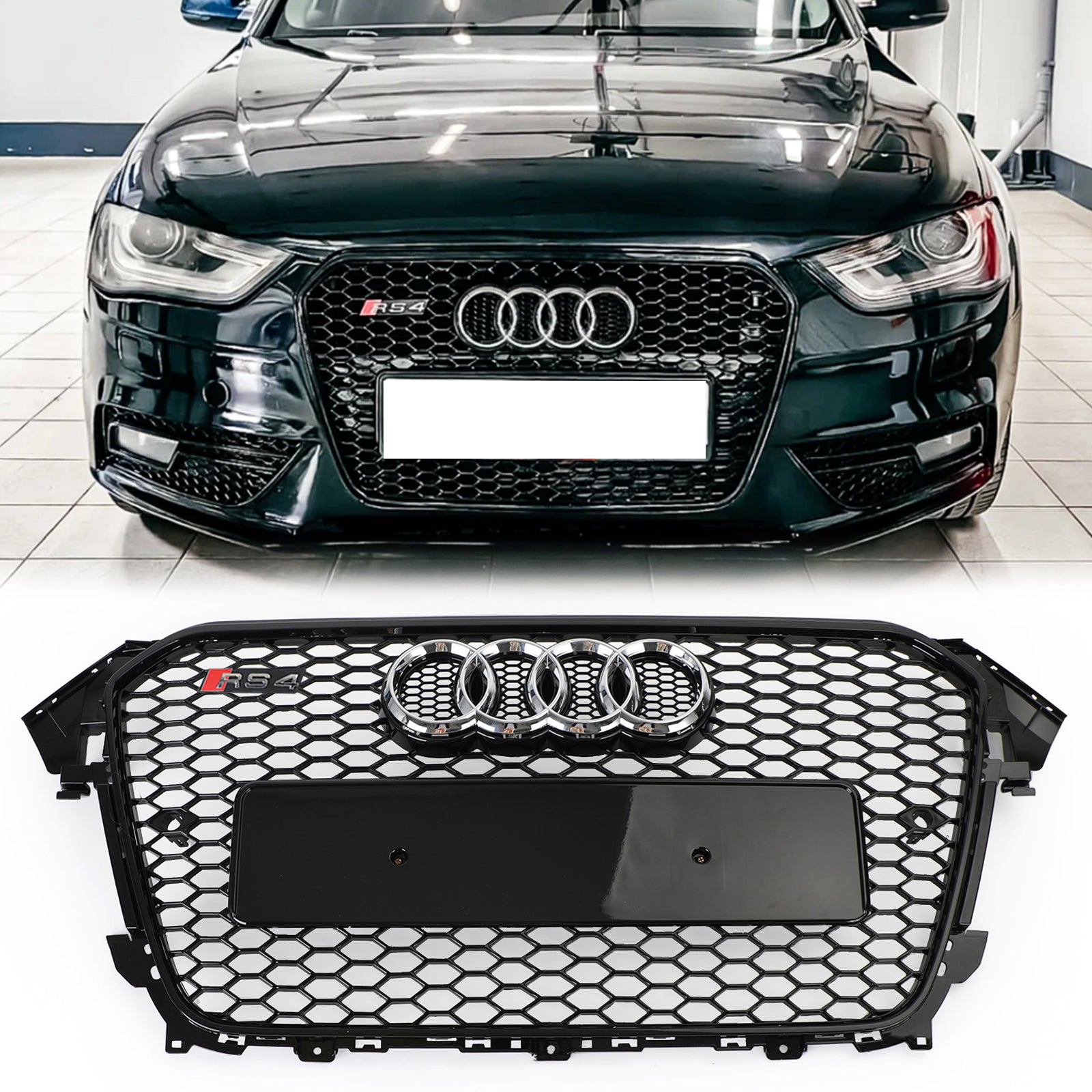 Audi B8.5 A4 / A4 Sline / S4 Front Grill 2013-2016 RS4 Honeycomb Mesh Hex Black Grille W/ Silver Ring Emblem