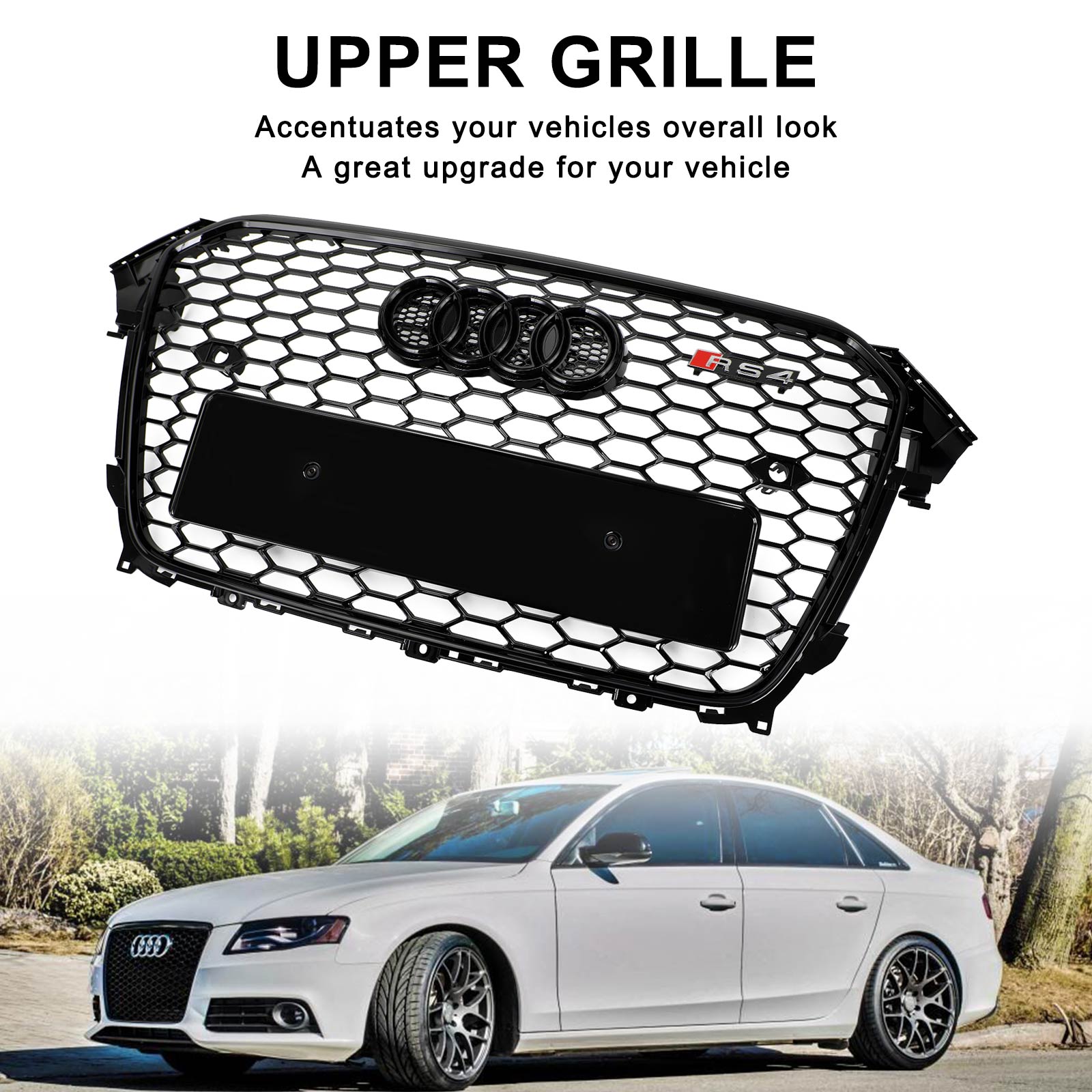 Grille de pare-chocs avant en maille de style RS4 pour Audi A4 / A4 Sline / S4 2013-2016, grille noire brillante avec emblème en anneau