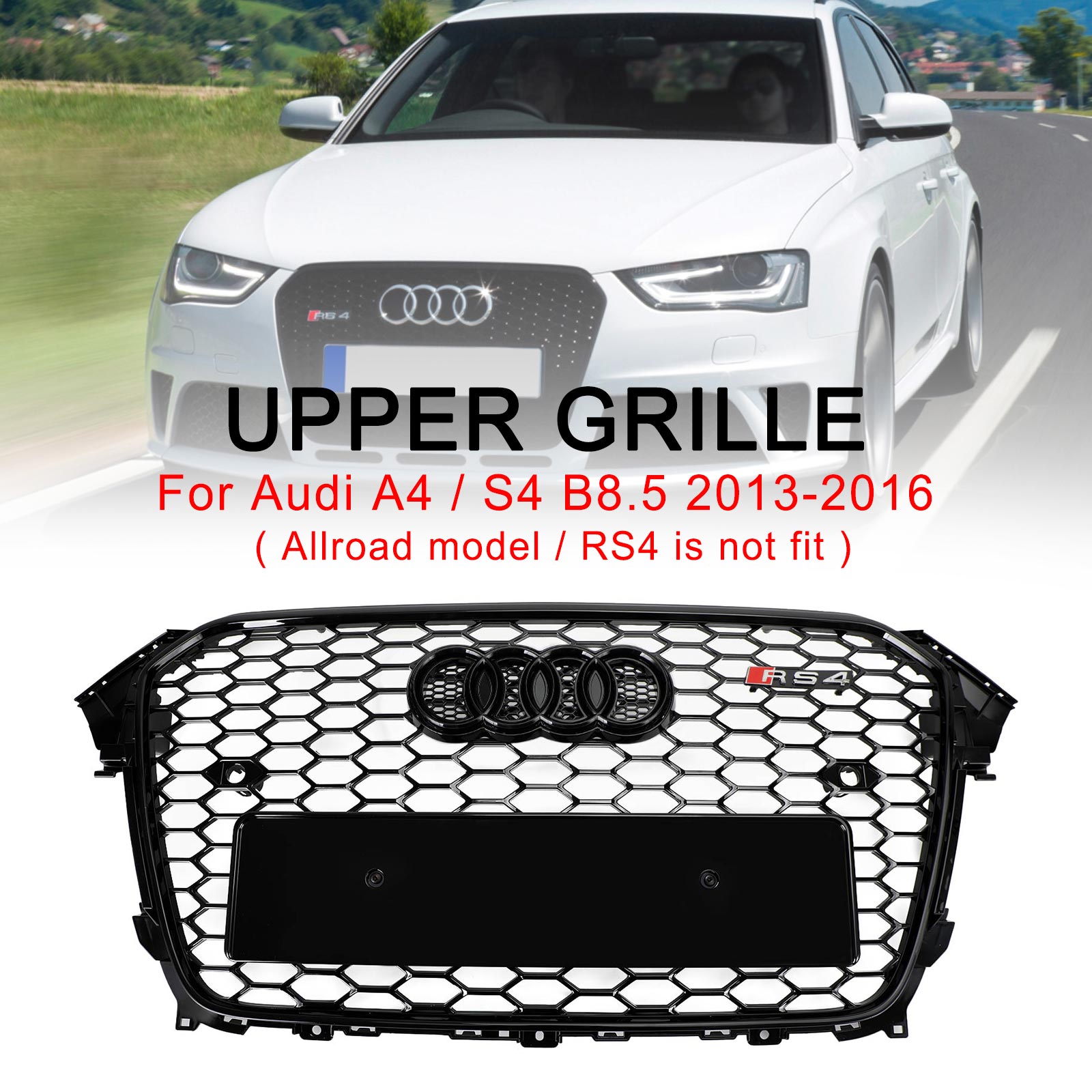 Grille de pare-chocs avant en maille de style RS4 pour Audi A4 / A4 Sline / S4 2013-2016, grille noire brillante avec emblème en anneau