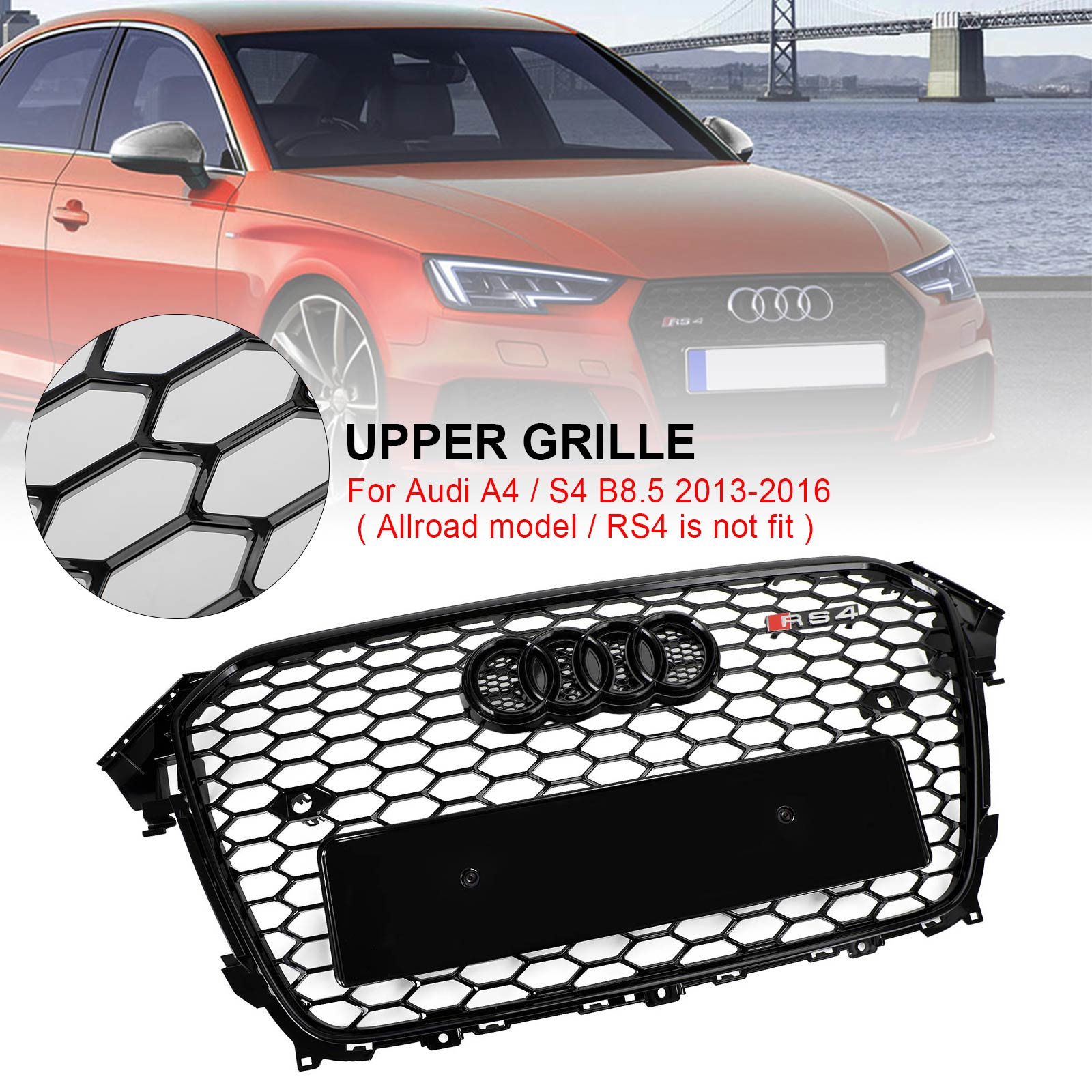 Audi A4 / A4 Sline / S4 B8.5 2013 2014 2015 2016 RS4 Style Gloss Black Grill Honeycome Mesh Sport Hex Front Grille W/ Emblem