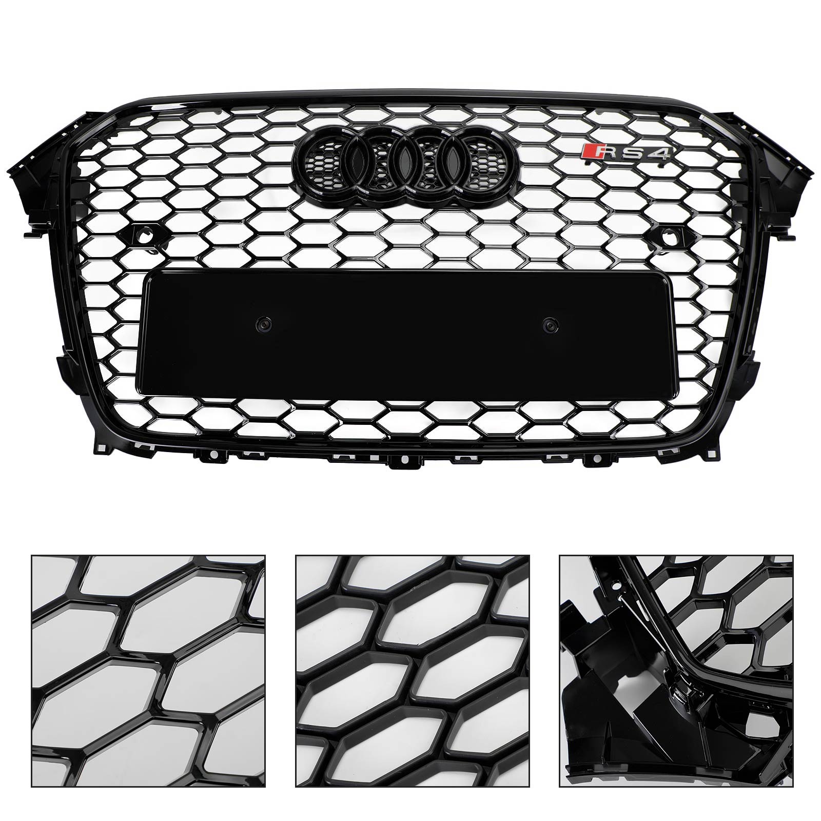 Audi A4 / A4 Sline / S4 B8.5 2013 2014 2015 2016 RS4 Style Gloss Black Grill Honeycome Mesh Sport Hex Front Grille W/ Emblem