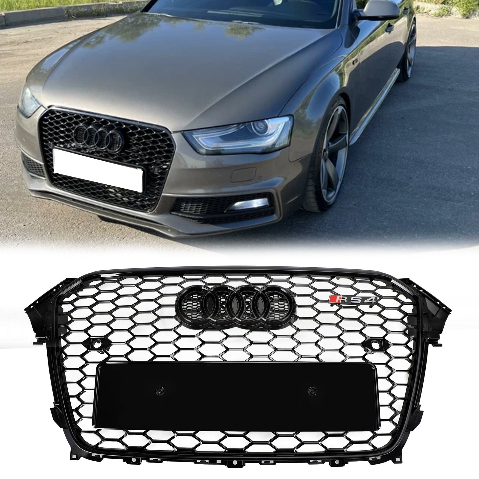 Parachoques delantero de malla estilo RS4 con emblema de anillo y rejilla negra brillante para Audi A4 / A4 Sline / S4 2013-2016