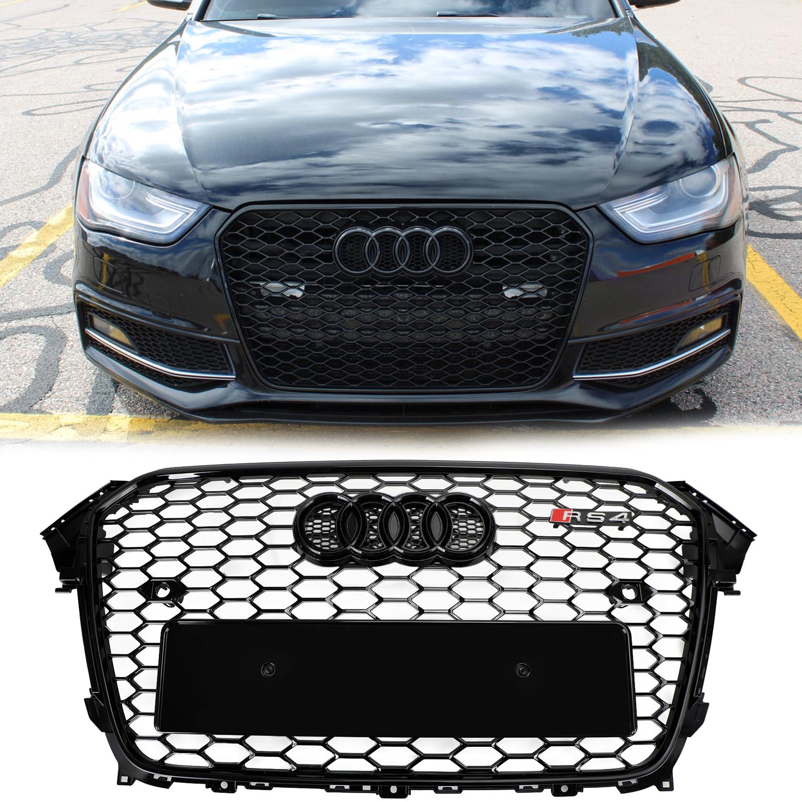 2012-2016 Audi A4 / A4 Sline / S4 Grill RS4 Style Mesh Front Bumper Gloss Black Grill With Ring Emblem - 0