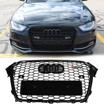 2012-2016 Audi A4/A4 Sline/S4 Grill RS4 Style Mesh Pare-chocs avant Gloss Black Grill avec emblème d’anneau - 0
