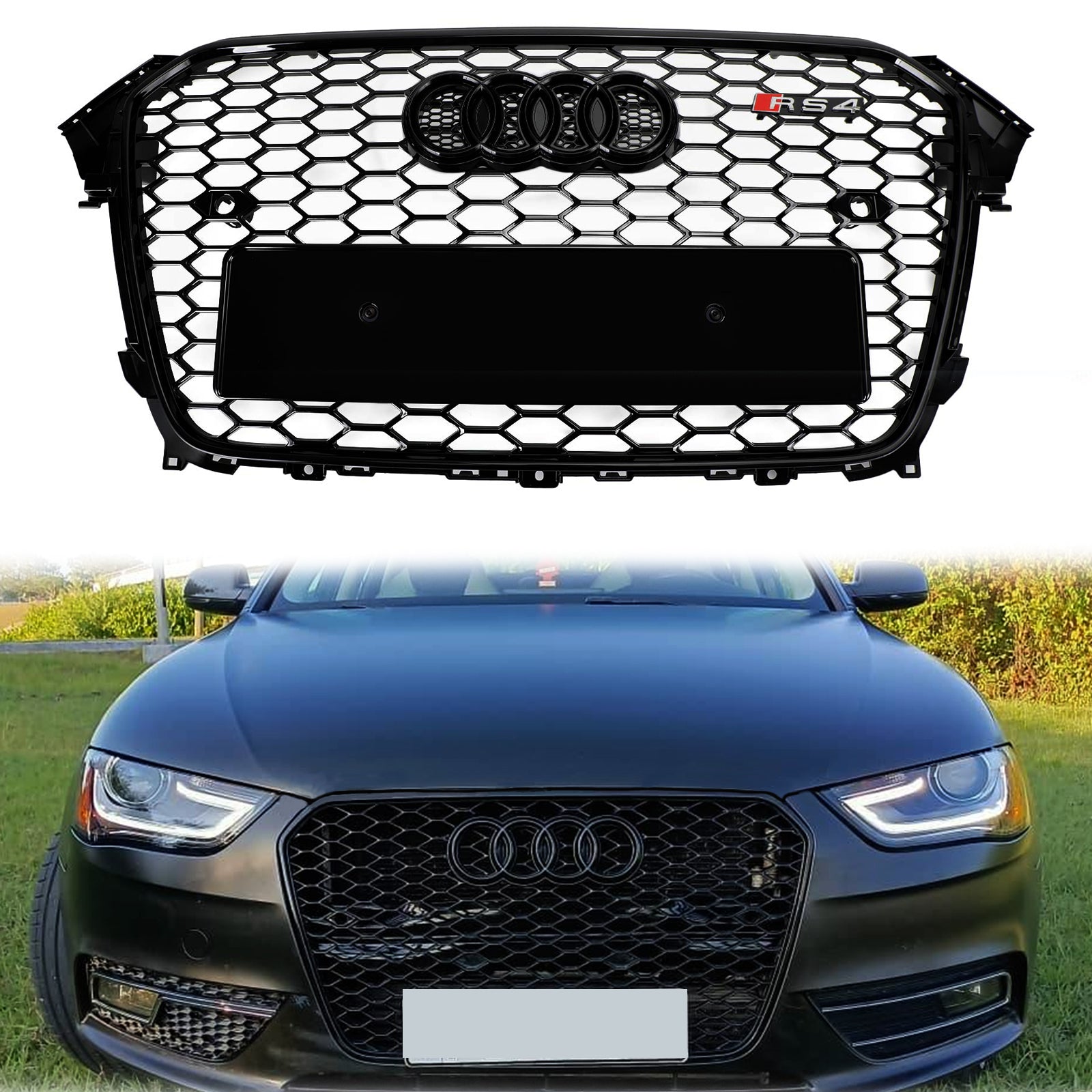 2012-2016 Audi A4 / A4 Sline / S4 Grill RS4 Style Mesh Front Bumper Gloss Black Grill With Ring Emblem