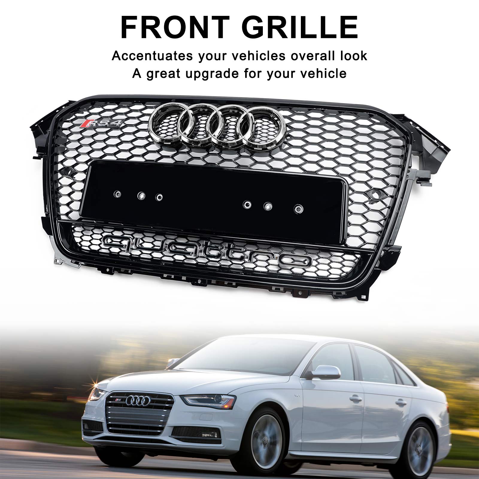 2012-2016 Audi A4 / A4 Sline / S4 B8.5 Front Black Honeycomb RS Style Grille With Silver Ring Emblem