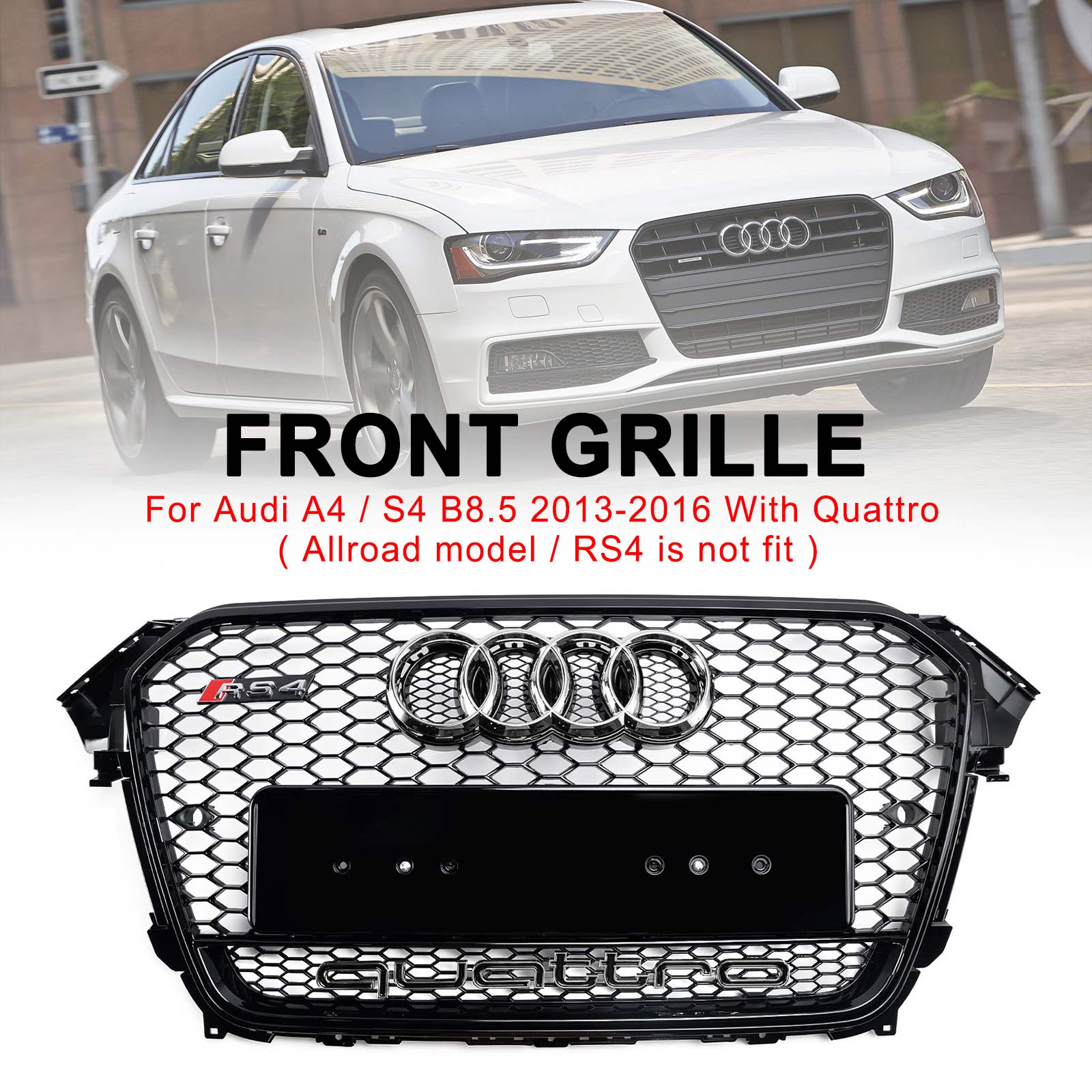 Audi A4 / A4 Sline / S4 B8.5 2013 2014 2015 2016 RS4 Style Gloss Black Grill Honeycome Mesh Sport Hex Front Grille W/ Emblem