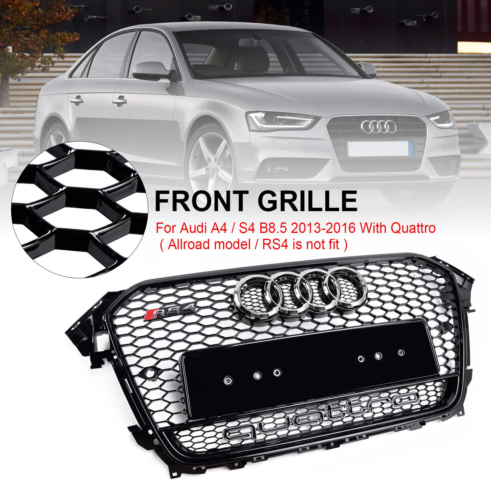 Audi A4/S4 B8.5 2013-2016 With Quattro RS4 Style Front Bumper Grill Replacement Black Grille