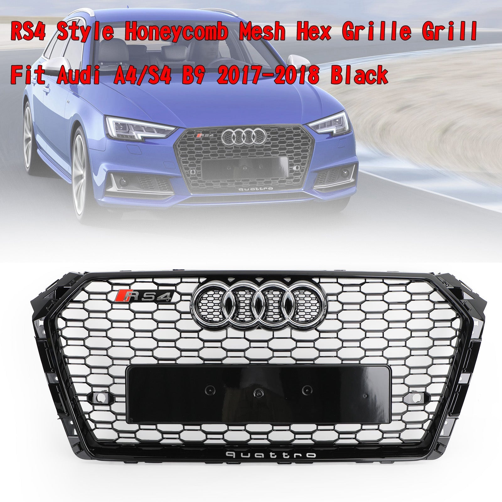 2017-2019 Audi A4/S4 Honeycomb Grill RS4 Style Mesh Hex Grille Replacement Black Grill