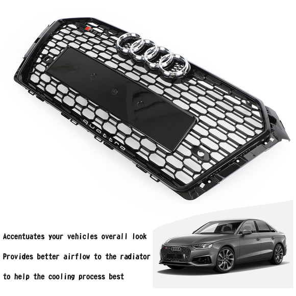 2016-2019 Audi A4 / A4 S-Line / S4 B9 RS4 Style Honeycomb Mesh Grill Front Bumper Gloss Black Grille With Silver Emblem