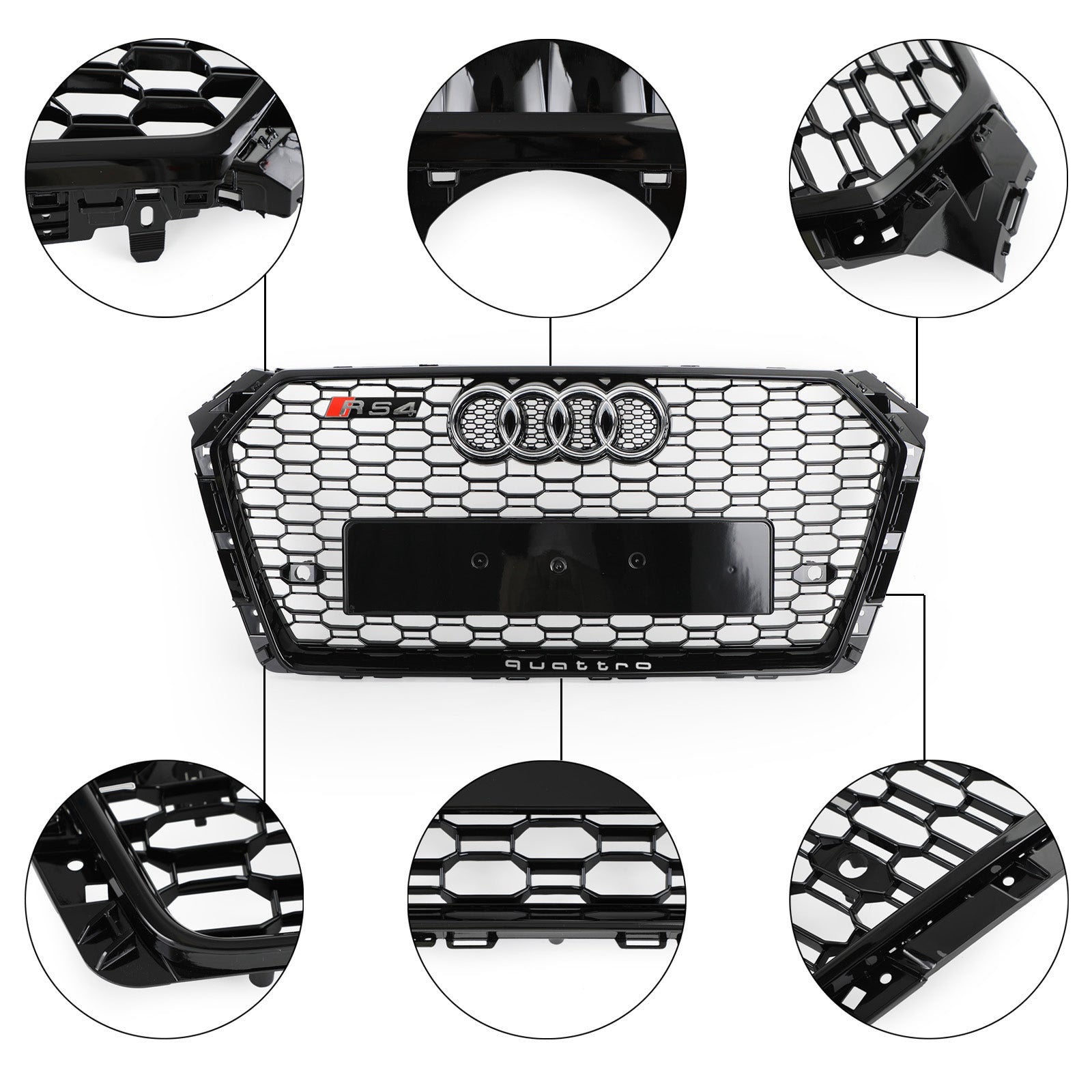 Audi A4/S4 B9 2016-2019 Honeycomb Grill RS4 Style Mesh Hex Grille Replacement Black Grill