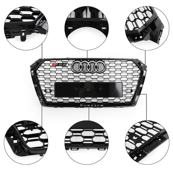 2016-2019 Audi A4 / A4 S-Line / S4 B9 RS4 Style Honeycomb Mesh Grill Front Bumper Gloss Black Grille With Silver Emblem