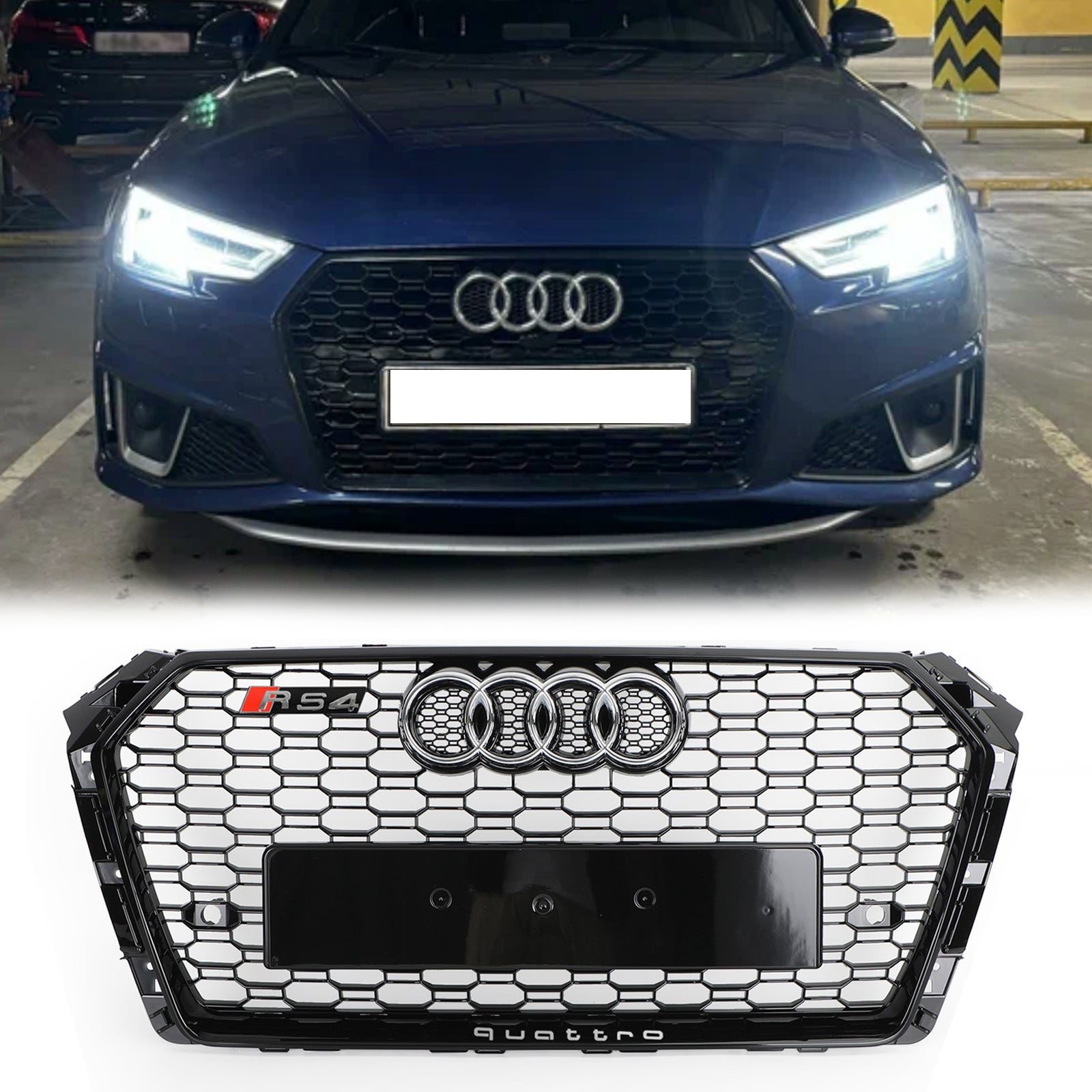 Audi A4/S4 B9 2016-2019 Honeycomb Grill RS4 Style Mesh Hex Grille Replacement Black Grill