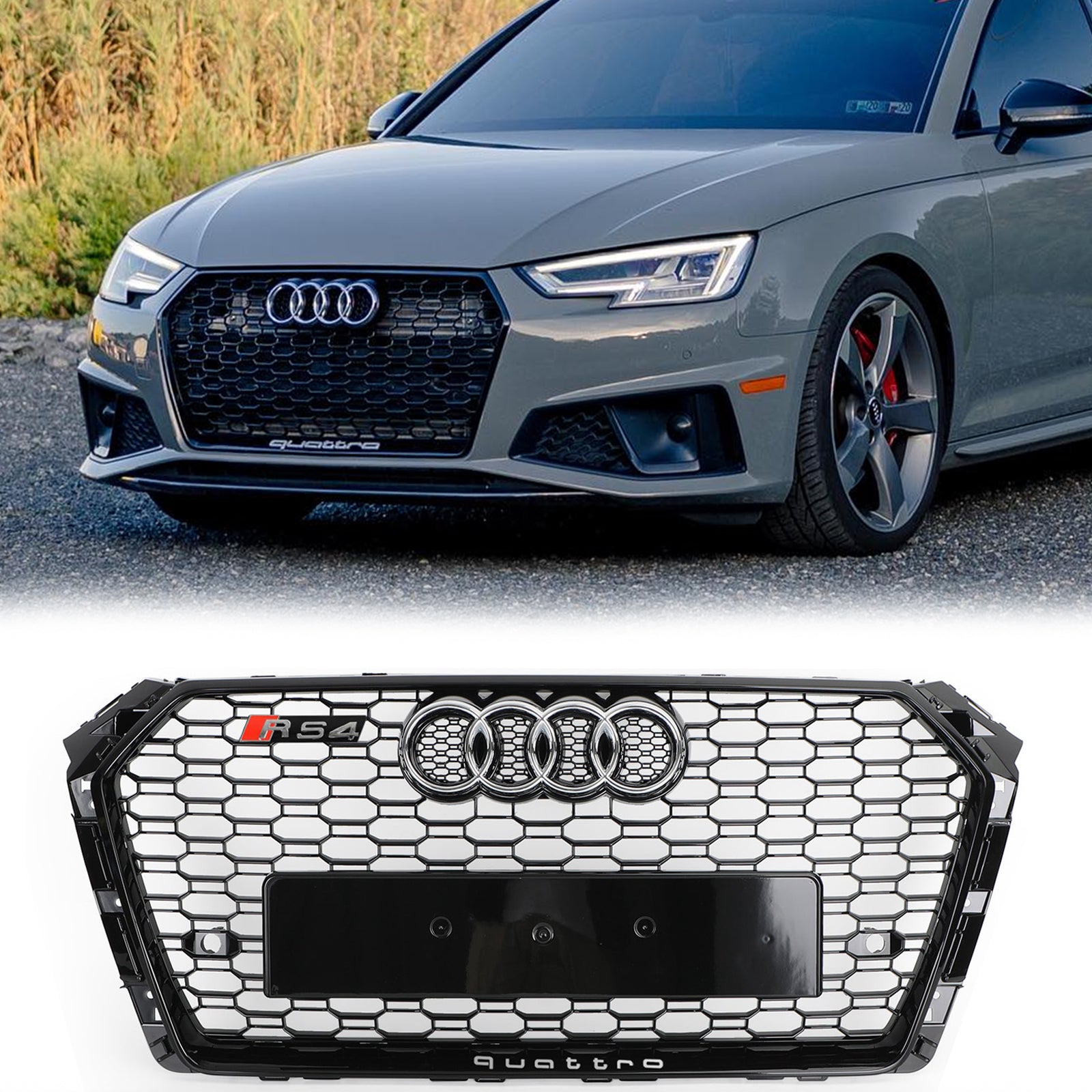 2016-2019 Audi A4 / A4 S-Line / S4 B9 RS4 Style Honeycomb Mesh Grill Front Bumper Gloss Black Grille With Silver Emblem